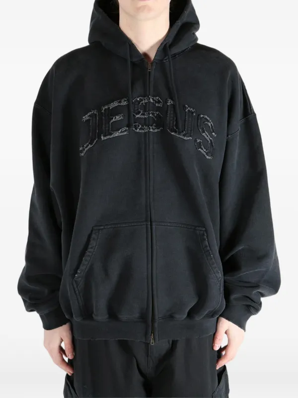 VETEMENTS frayed-appliqué zip-up Hoodie | Black | FARFETCH