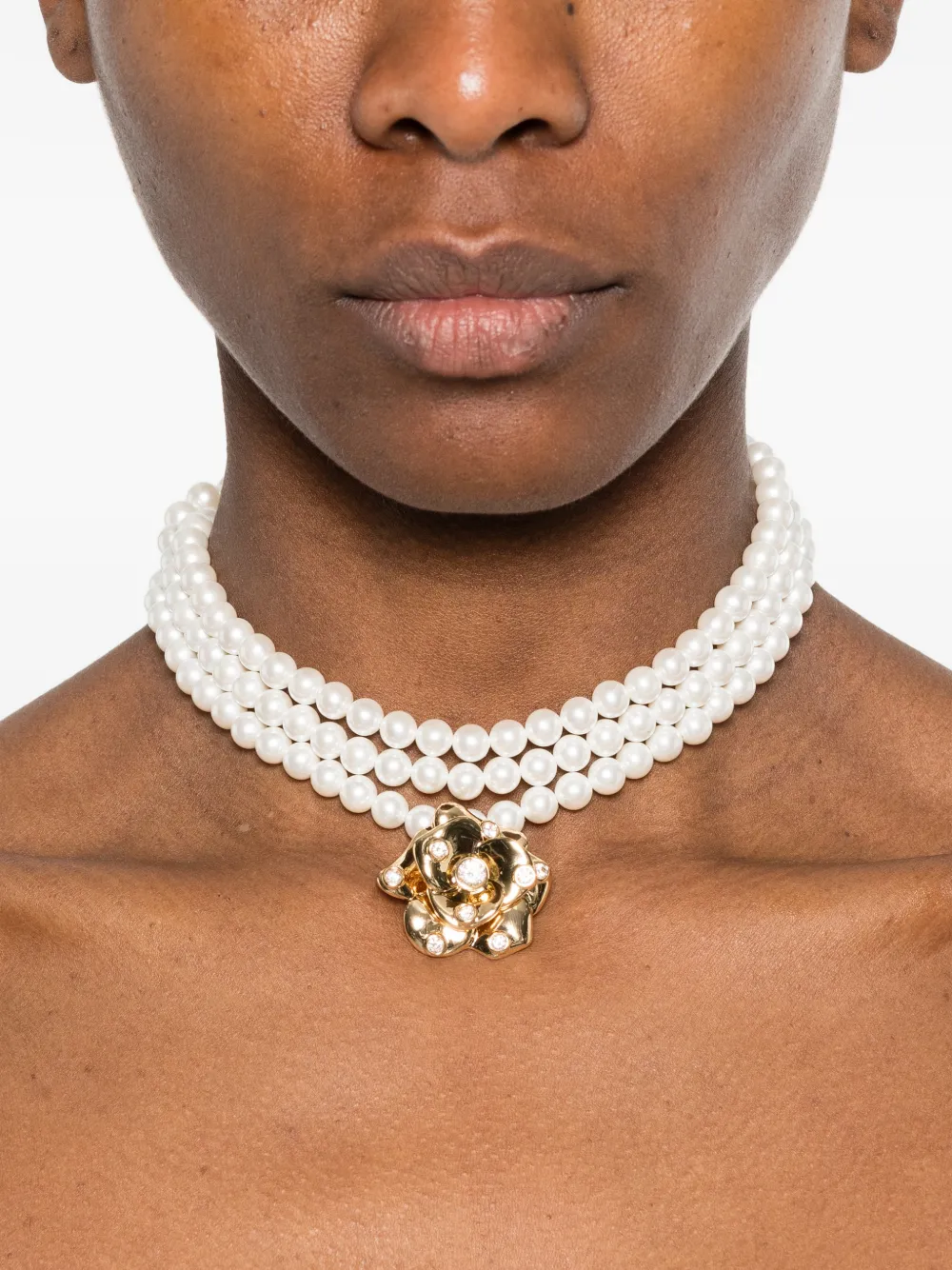  Self-portrait Rose Pearled Necklace - Gold 