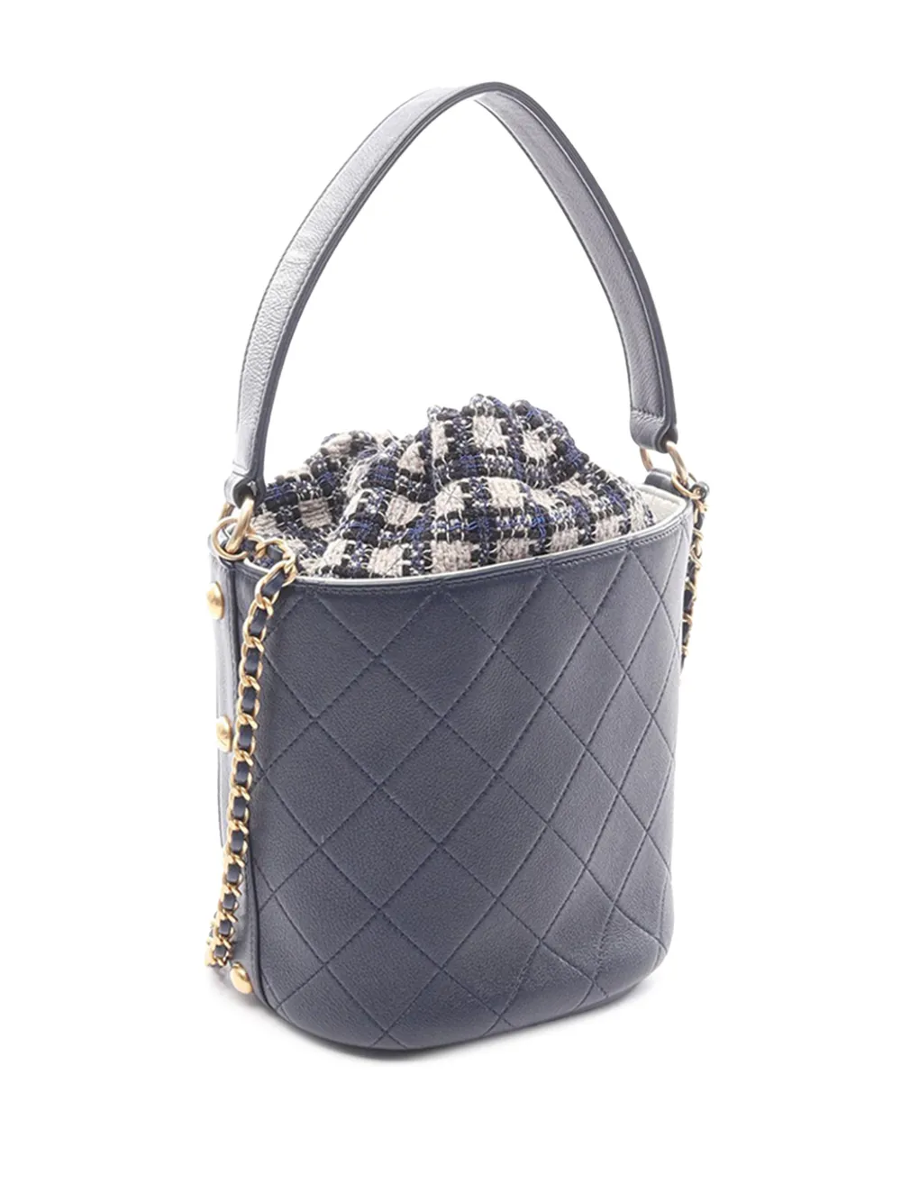 CHANEL Pre-Owned 2019 Small CC Calfskin and Tweed Drawstring bucket bag - Blu