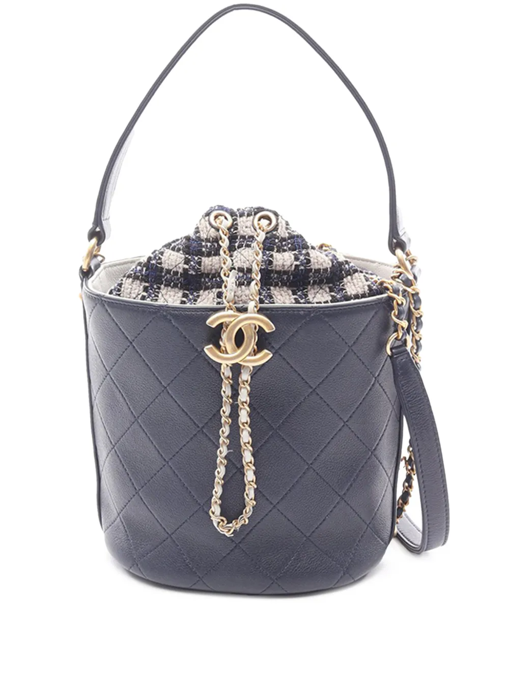 CHANEL Pre-Owned 2019 Small CC Calfskin and Tweed Drawstring bucket bag - Blu