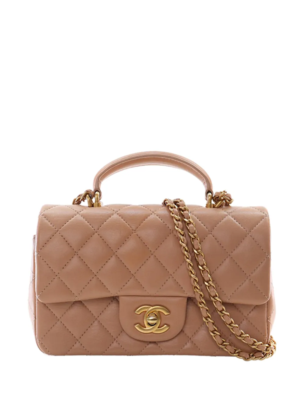 CHANEL Pre-Owned 2021-2025 Mini Rectangular Classic Lambskin Top Handle Flap satchel - Marrone