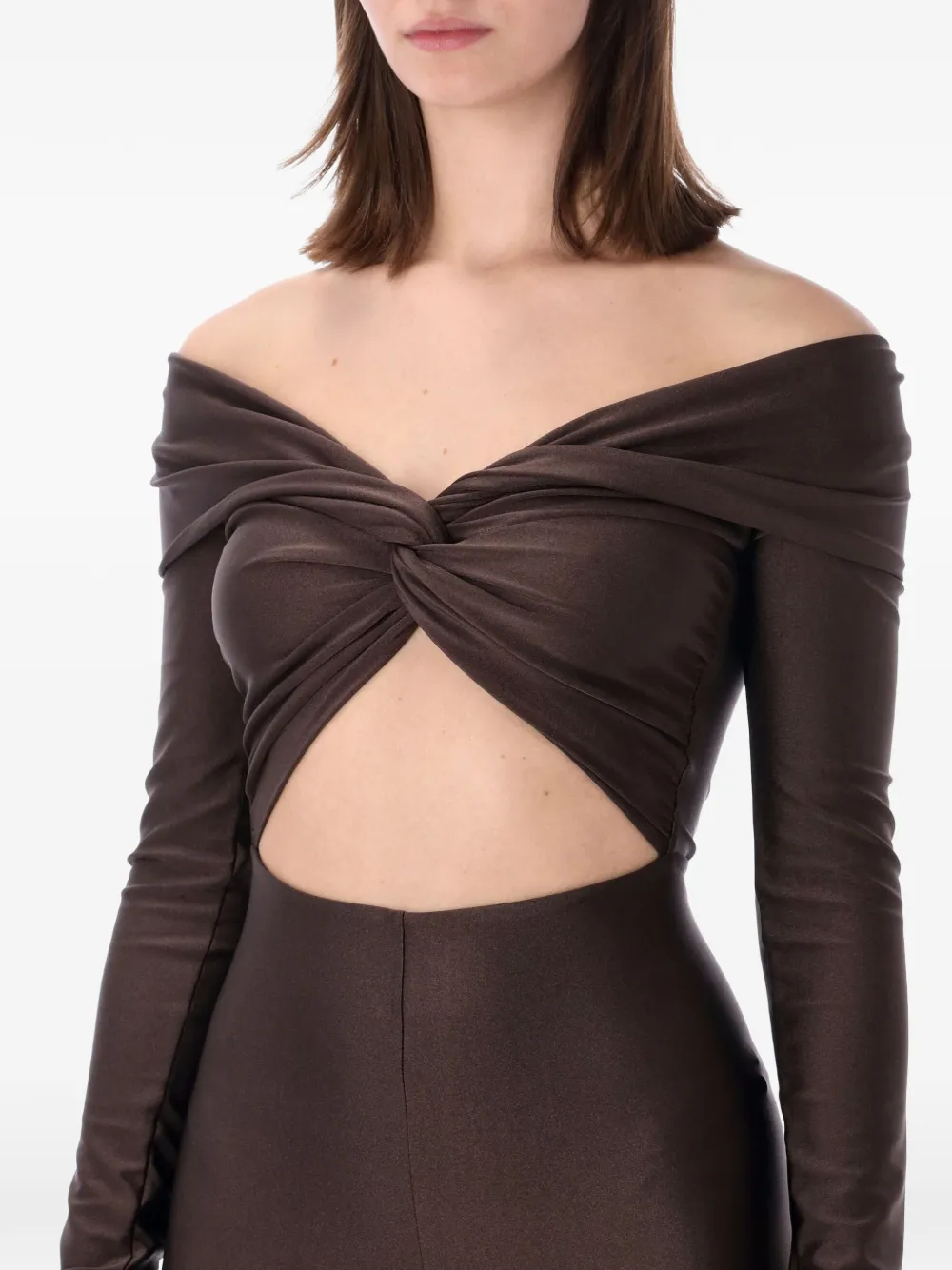THE ANDAMANE Off-shoulder gedraaide jumpsuit Bruin