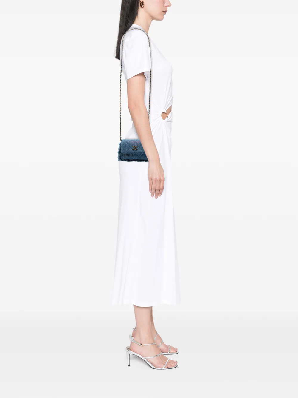 Pre-owned Chanel 2021 Fringe Denim Mood Clutch With Chain Crossbody Bag In Blue