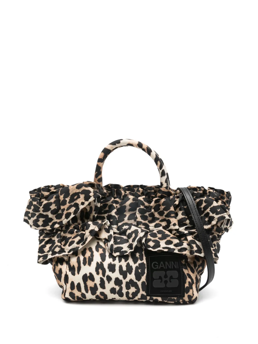 GANNI ruffled-upper leopard-print tote bag - Toni neutri