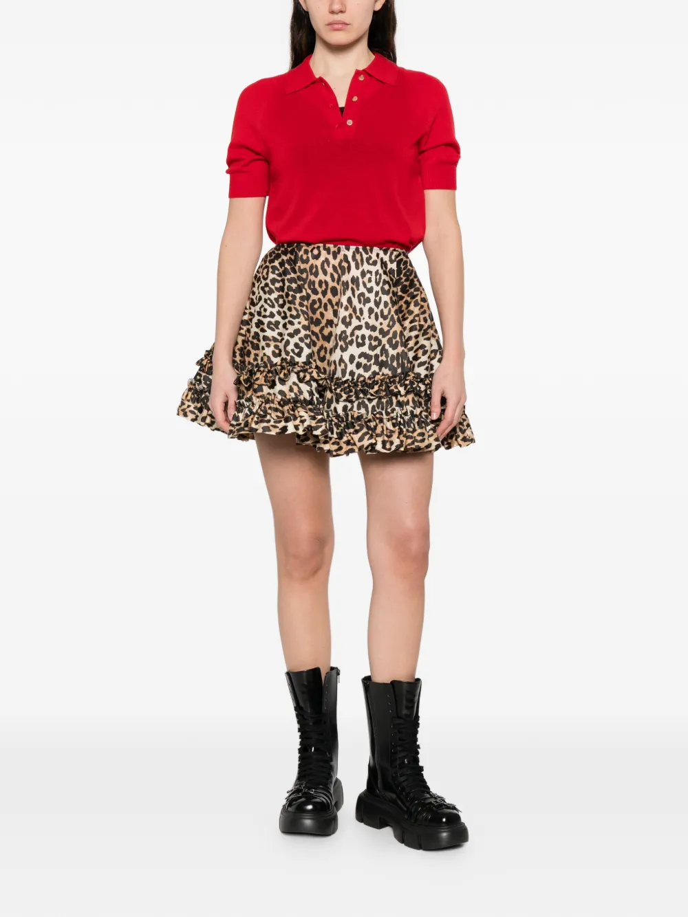 GANNI Mini-rok met luipaardprint en ruches Bruin