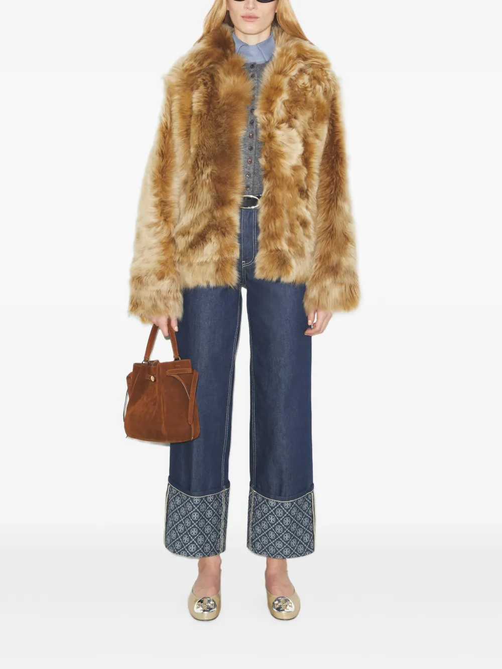  Tory Burch Collar Shearling Jacket - Brown 