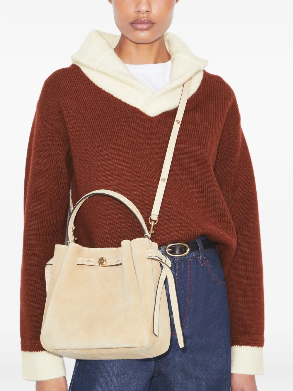 Tory Burch Romy bucket-tas met stiksels Beige