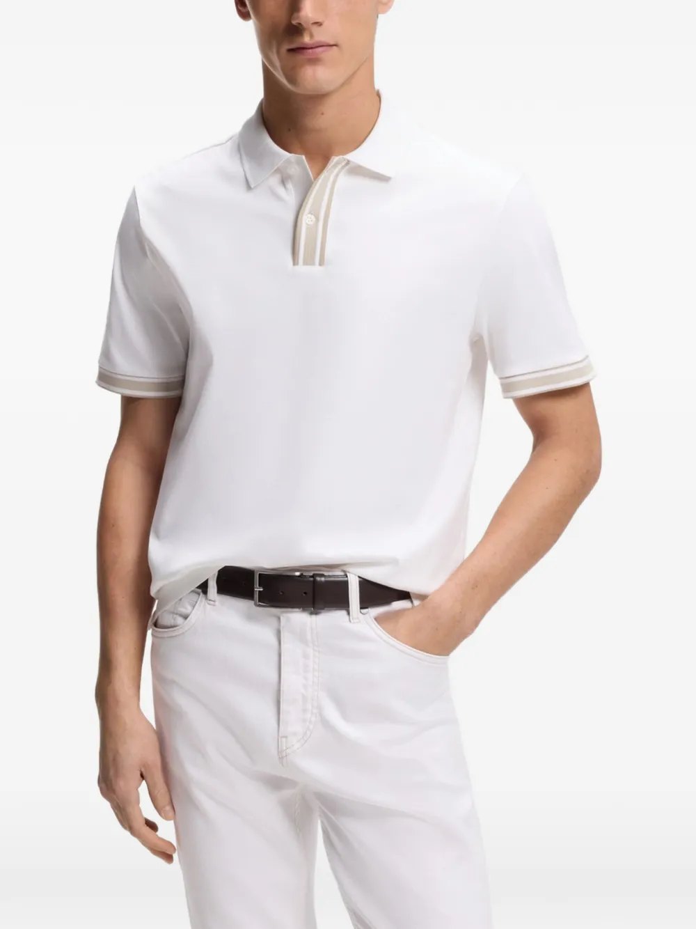 BOSS Poloshirt met gestreepte afwerking en rits Wit