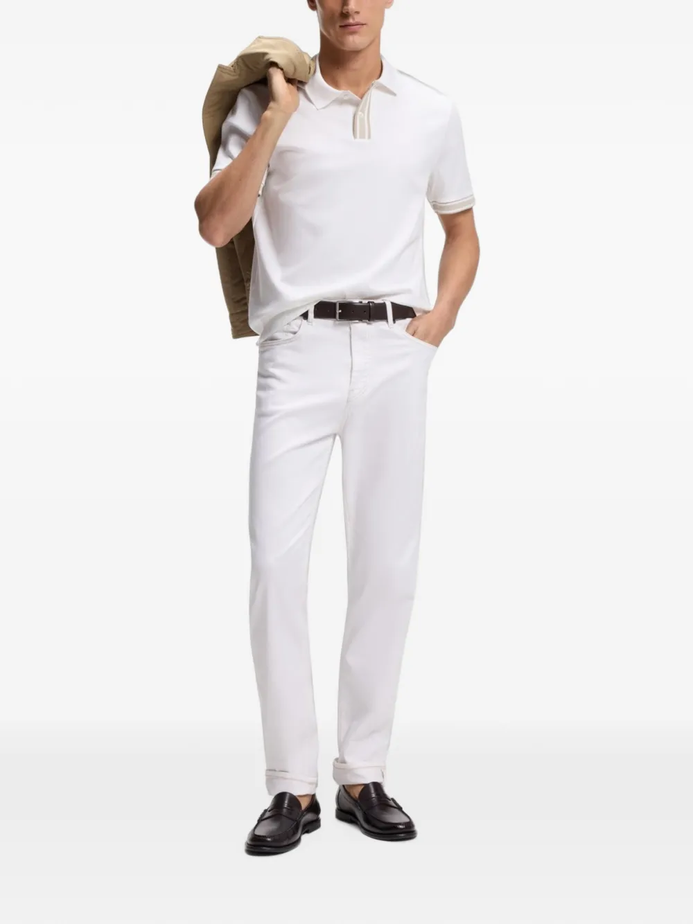 BOSS Poloshirt met gestreepte afwerking en rits Wit