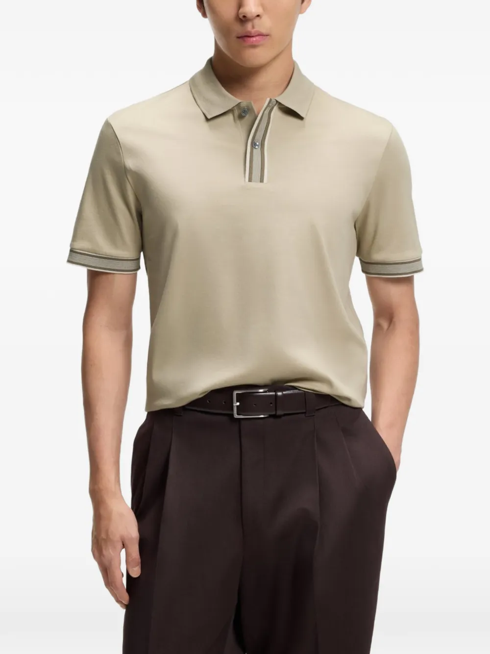 BOSS Gemerceriseerd katoenen poloshirt met gestreepte afwerking Beige