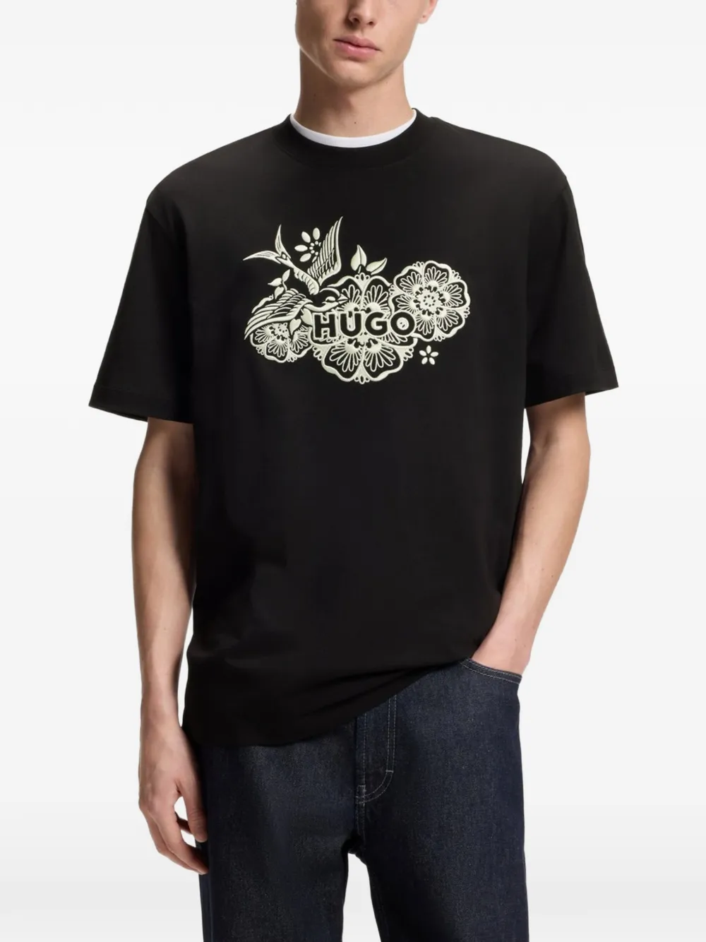 HUGO T-shirt met bloemenprint en logodetail Zwart