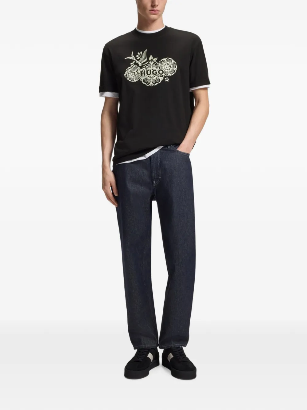 HUGO T-shirt met bloemenprint en logodetail Zwart