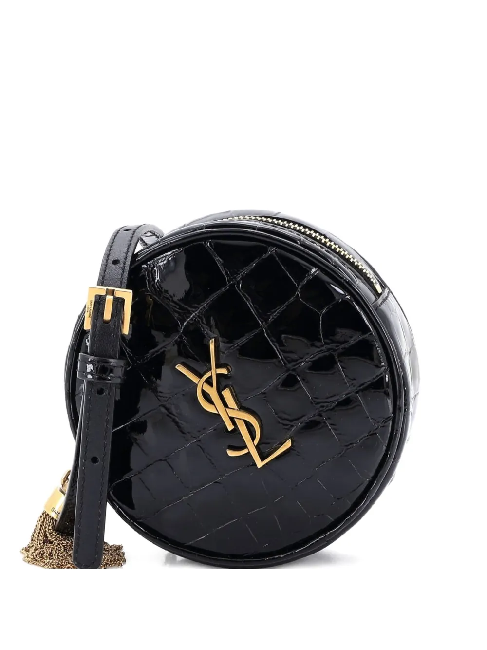 Saint Laurent Pre-Owned Vinyle Round Camera Bag Crocodile Embossed Patent crossbody bag – Black