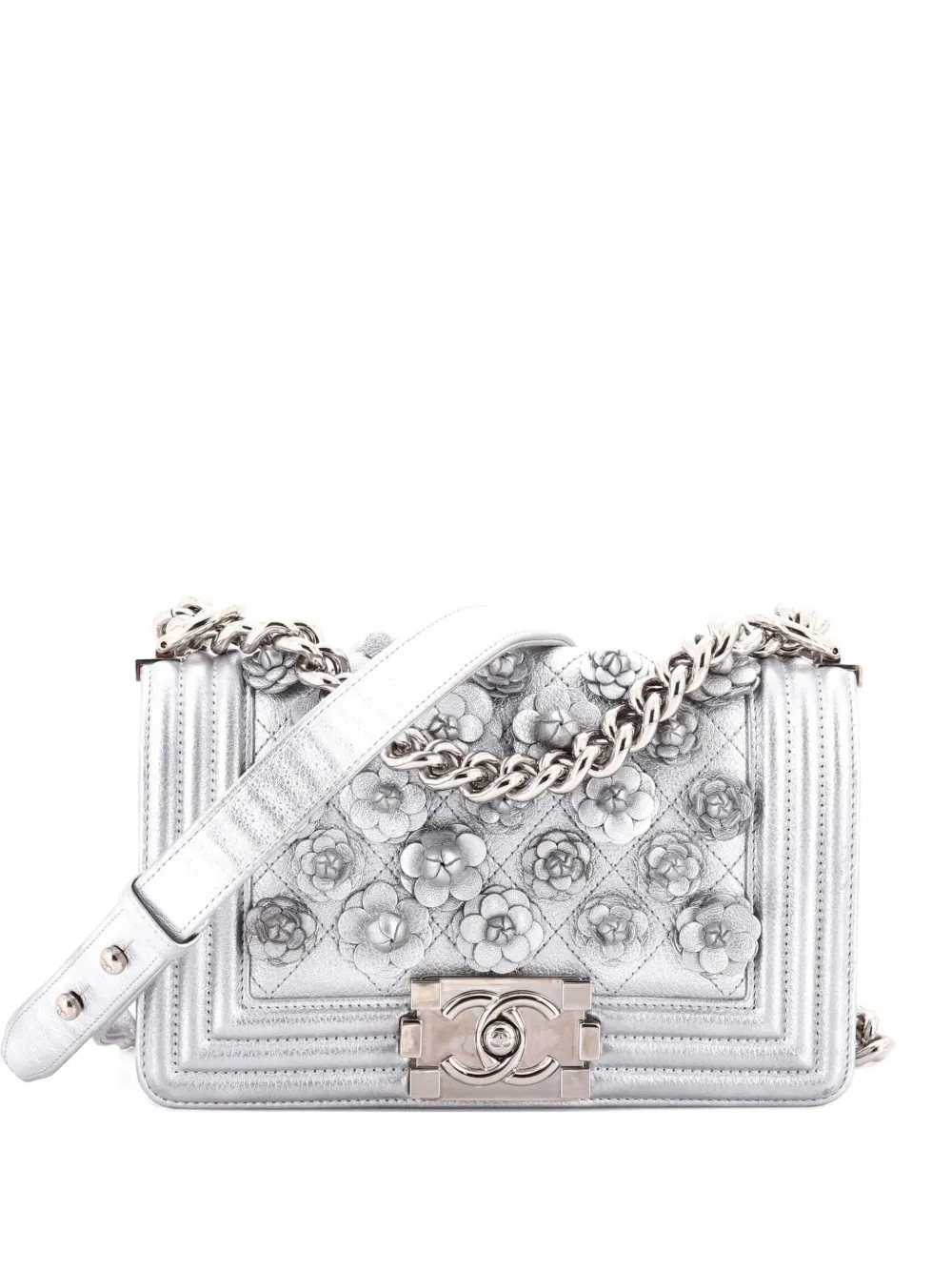 CHANEL Pre-Owned Borsa a spalla Boy Flap piccola con applicazione Camelia - Argento