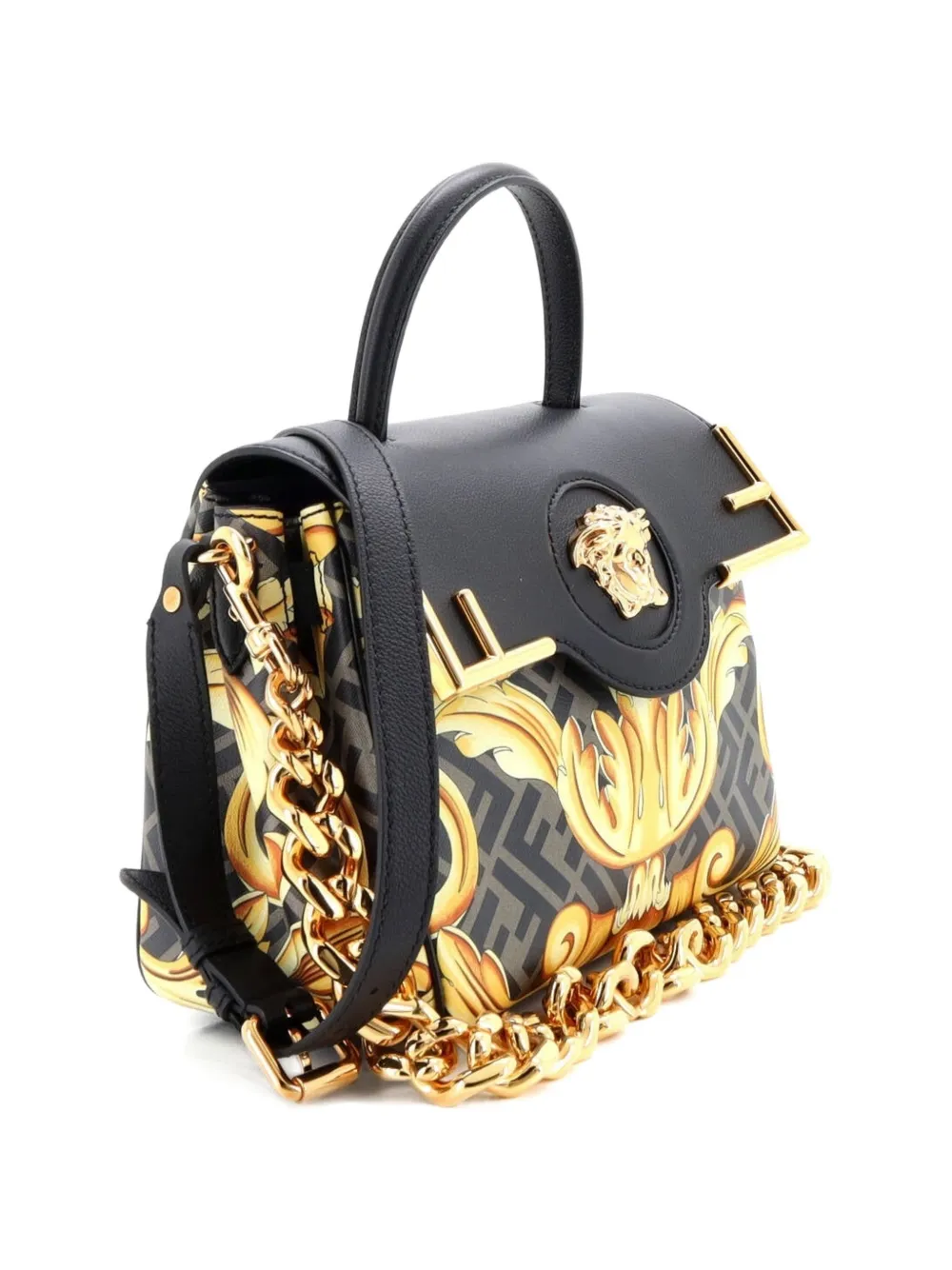  Versace Pre-owned X Fendi Fendace La Medusa Top Handle Bag Printed Laminated Leather With Leather Medium Satchel - Black 
