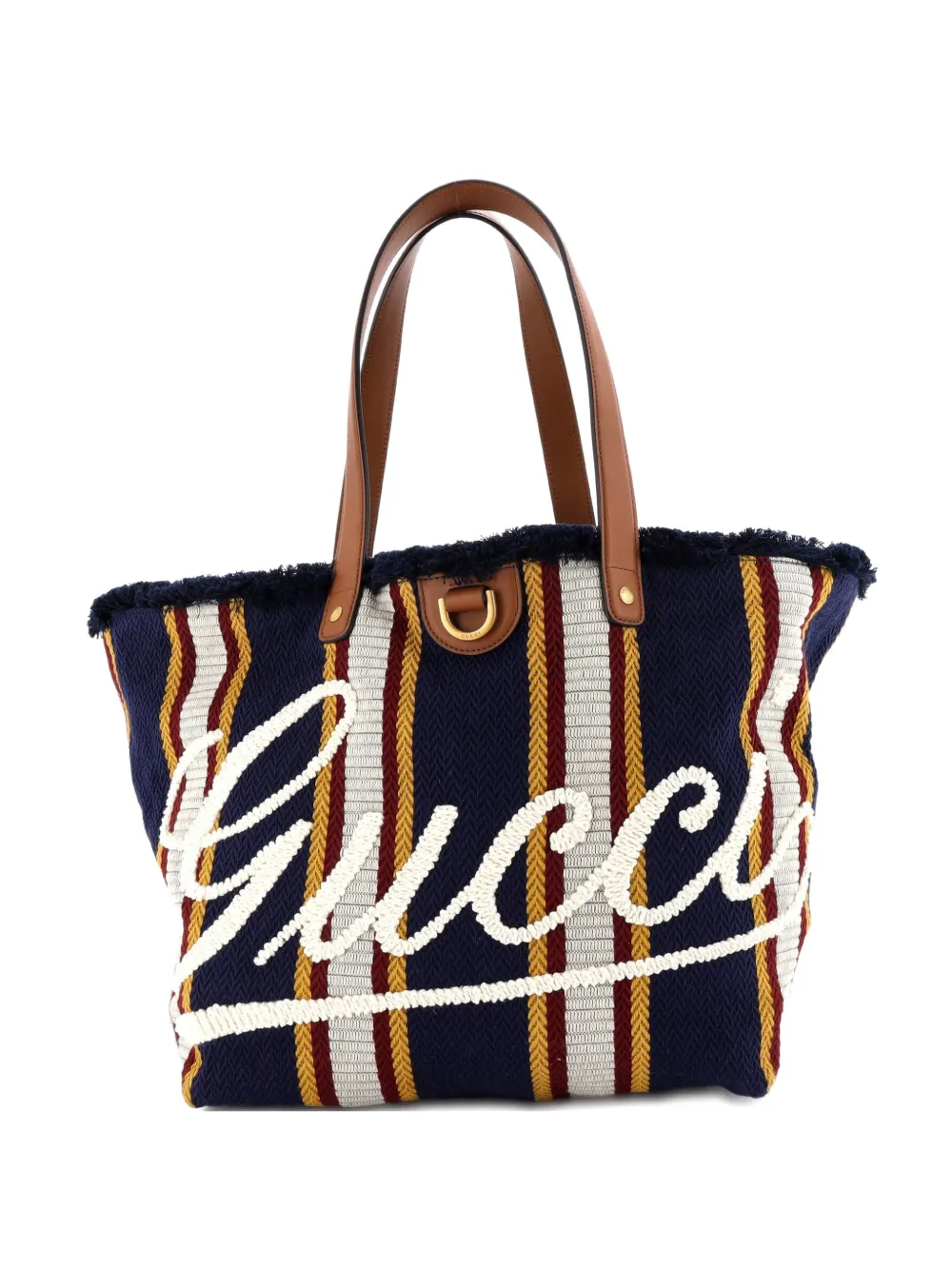 Gucci Pre-Owned Script Open Embroidered Stripe Canvas with Leather Large tote bag - Blu
