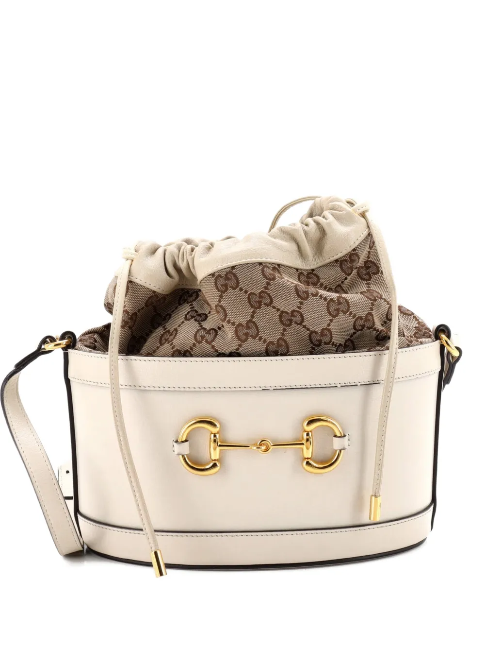 Gucci Pre-Owned Horsebit 1955 Crossbody Bag Leather and GG Canvas Small bucket bag - Bianco