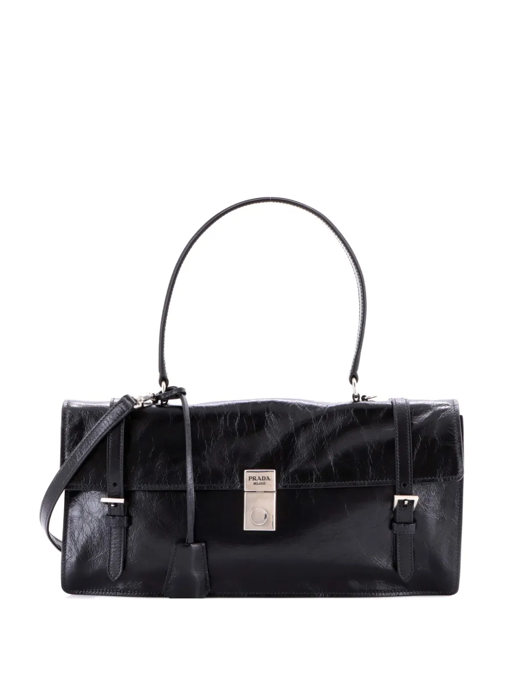 Prada Pre-Owned Lux Double Buckle Flap Bag Soft Calfskin Medium satchel - Nero