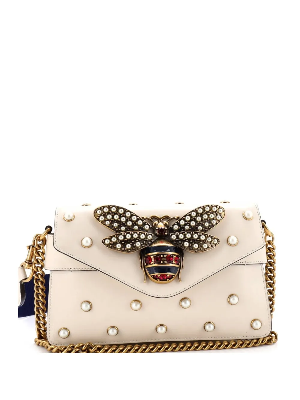 Gucci Pre-Owned Broadway Pearly Bee Embellished Leather Mini shoulder bag - Bianco