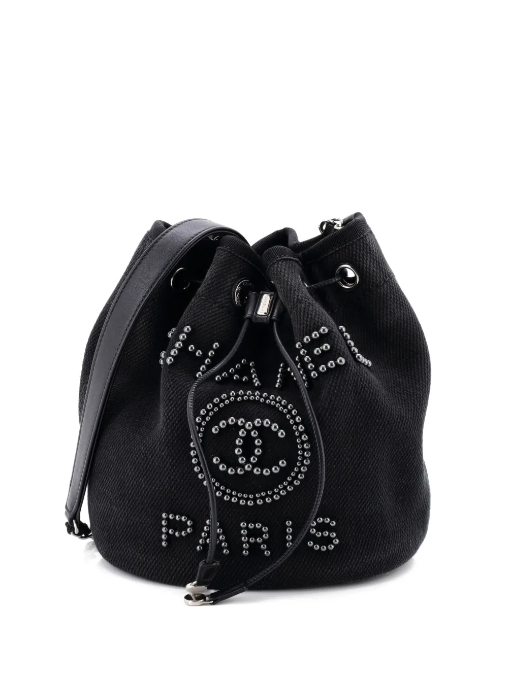 CHANEL Pre-Owned Deauville Drawstring Pearl Embellished Canvas Medium bucket bag - Nero