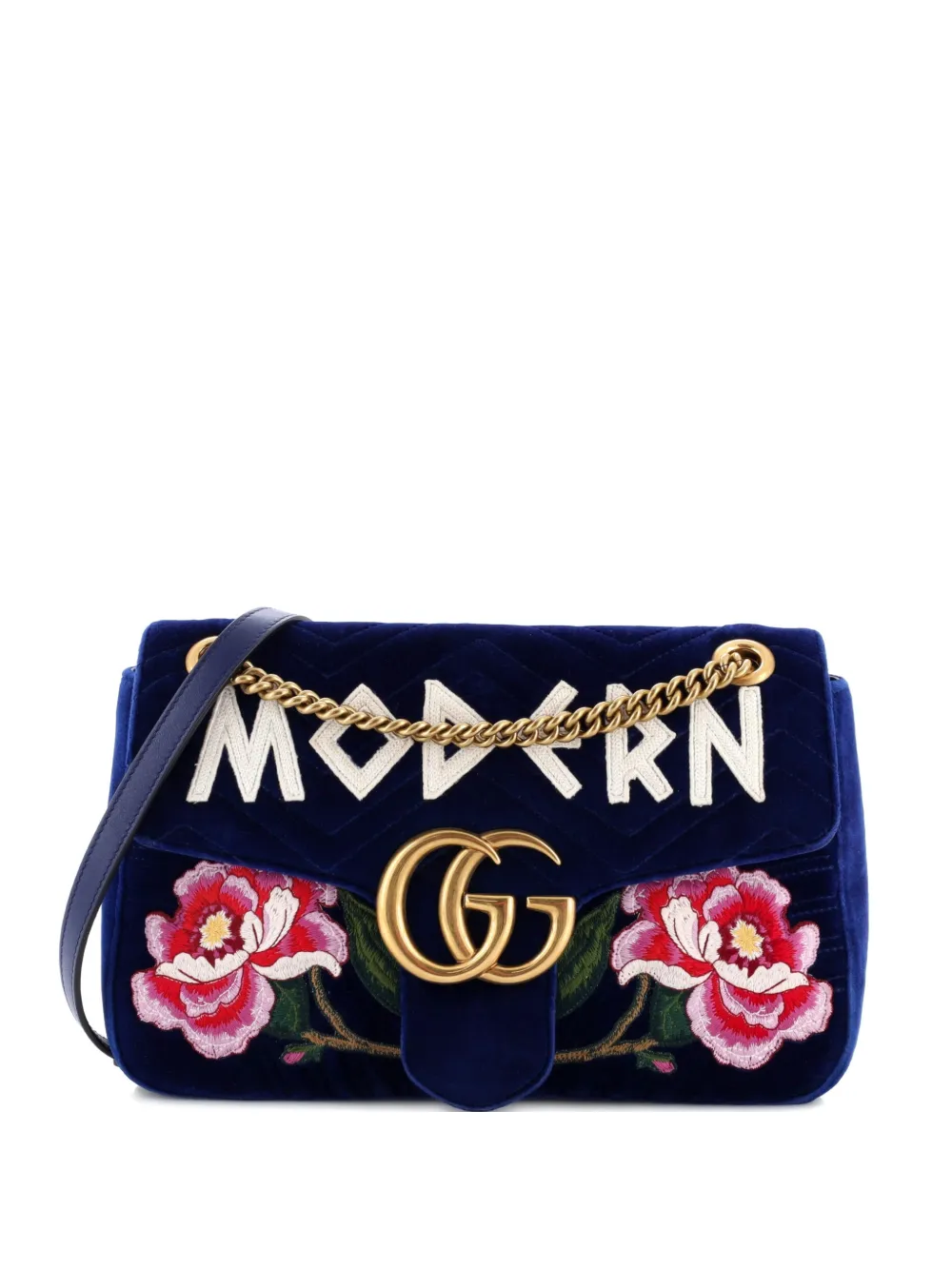 Gucci Pre-Owned GG Marmont Flap Bag Embroidered Matelasse Velvet Medium shoulder bag - Blu
