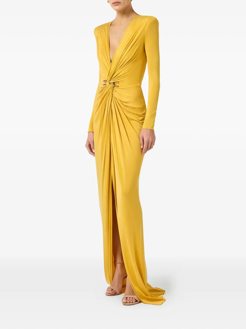 Elisabetta Franchi Maxi-jurk met lange mouwen en gedraaid detail Geel