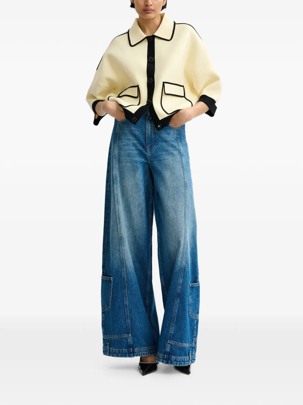  Essentiel Antwerp Flower-buttons Contrast-trim Cardigan - Neutrals 
