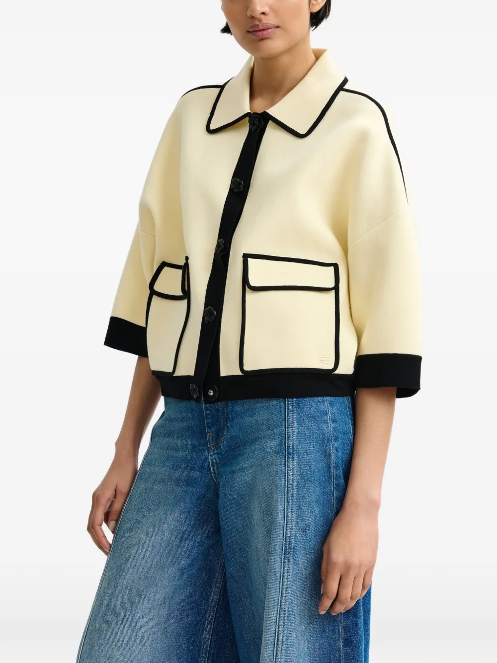  Essentiel Antwerp Flower-buttons Contrast-trim Cardigan - Neutrals 