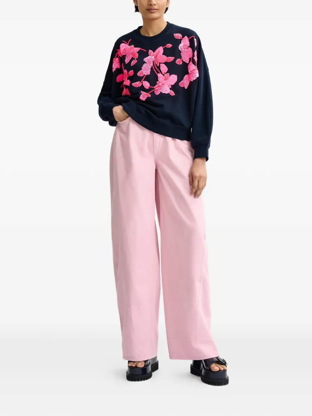 Flower-Pattern Sequin-Embellishment Sweatshirt