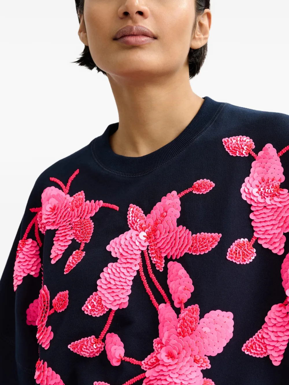Flower-Pattern Sequin-Embellishment Sweatshirt