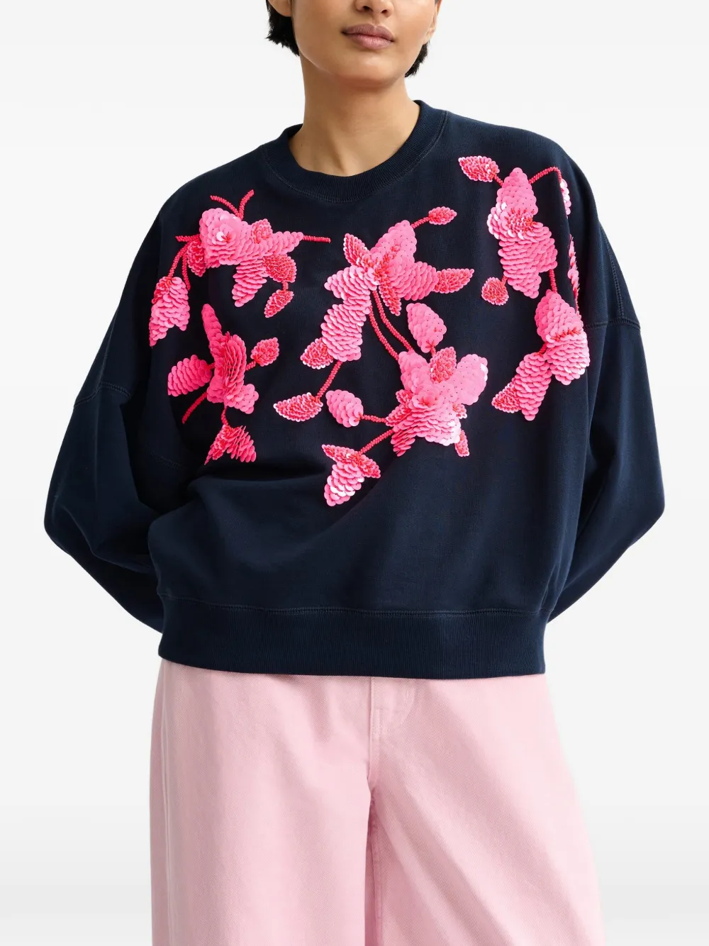 Flower-Pattern Sequin-Embellishment Sweatshirt