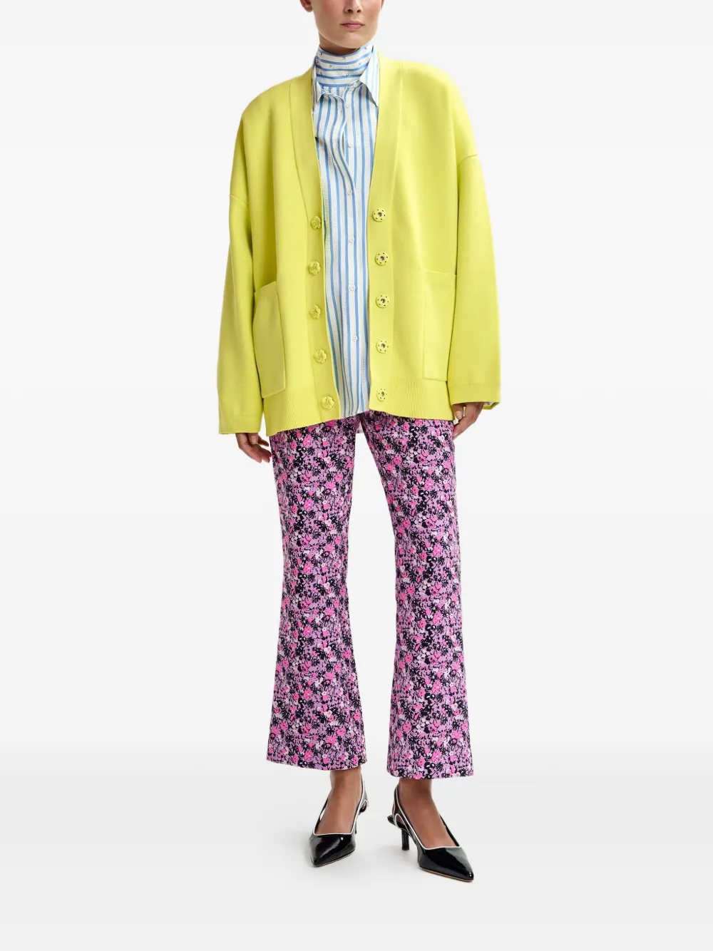 Flower-Buttons Patch-Pocket Cardigan