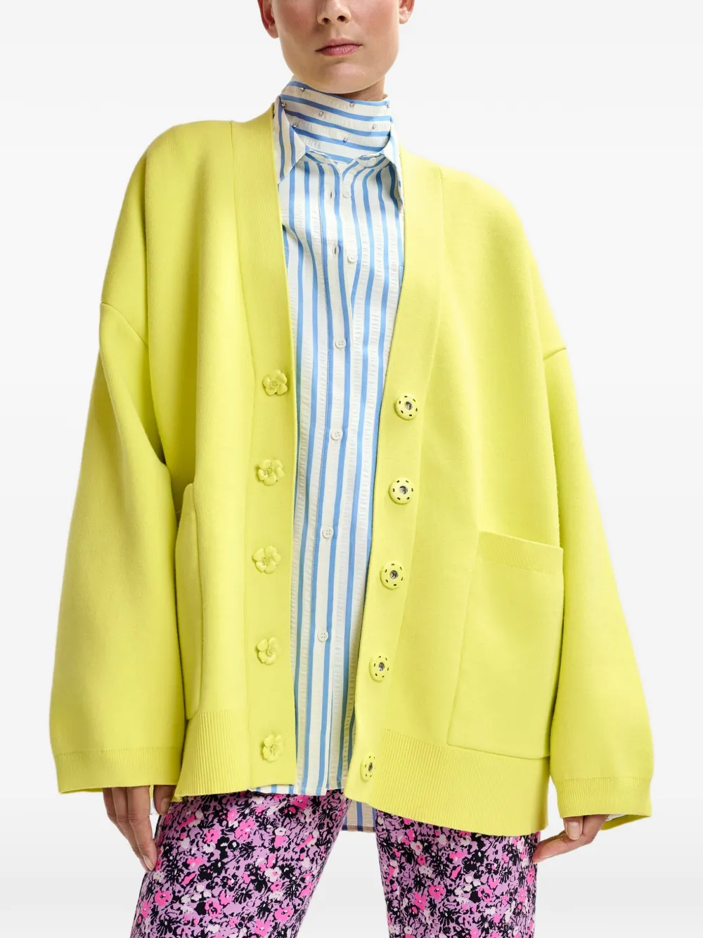 Flower-Buttons Patch-Pocket Cardigan