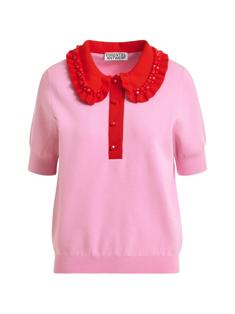 Essentiel Antwerp Gerüschtes Poloshirt mit Perlenverzierung - Rosa