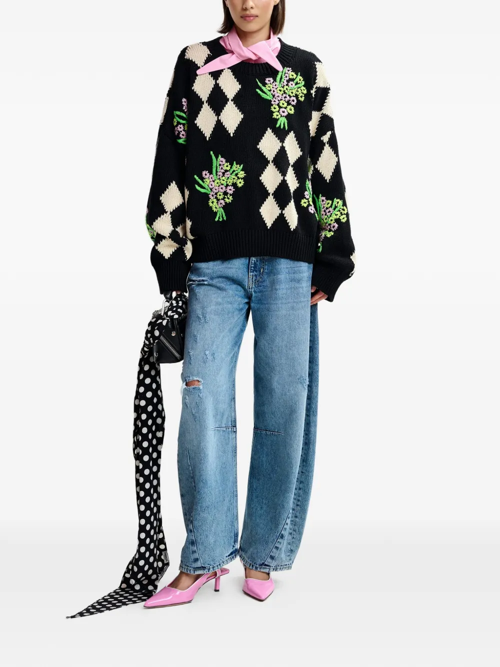  Essentiel Antwerp Floral-embellished Check-pattern Sweater - Black 