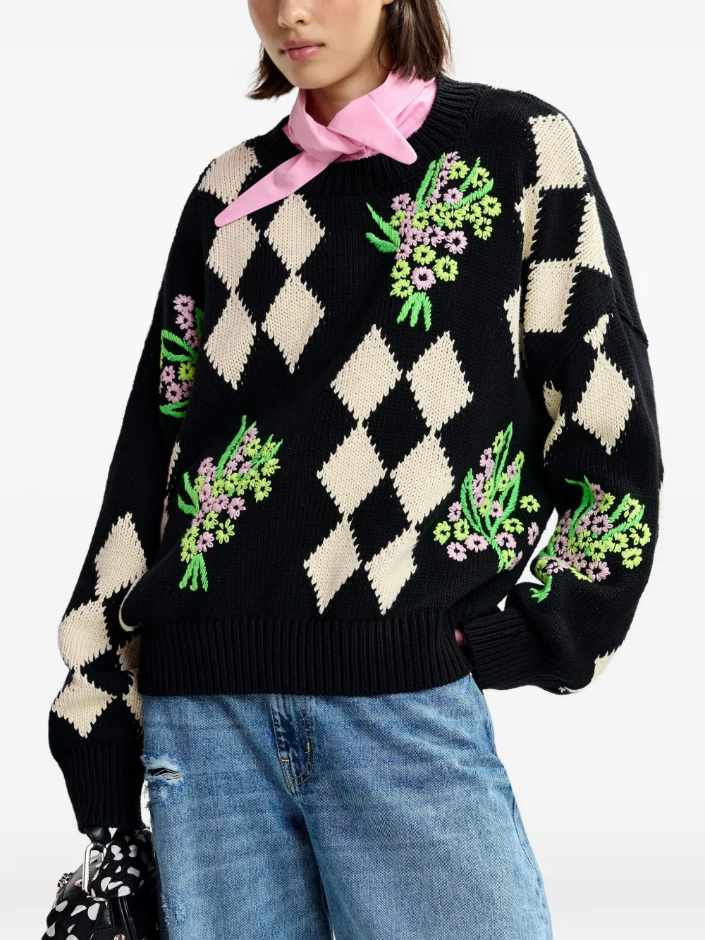  Essentiel Antwerp Floral-embellished Check-pattern Sweater - Black 