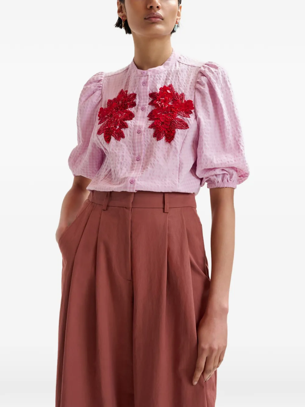  Essentiel Antwerp Floral-pattern Puffed-sleeve Shirt - Pink 