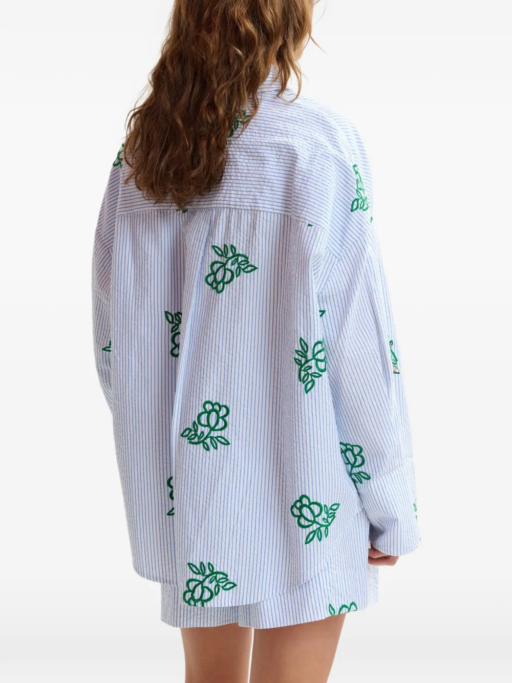 Pinstripe Floral-Embroidered Shirt