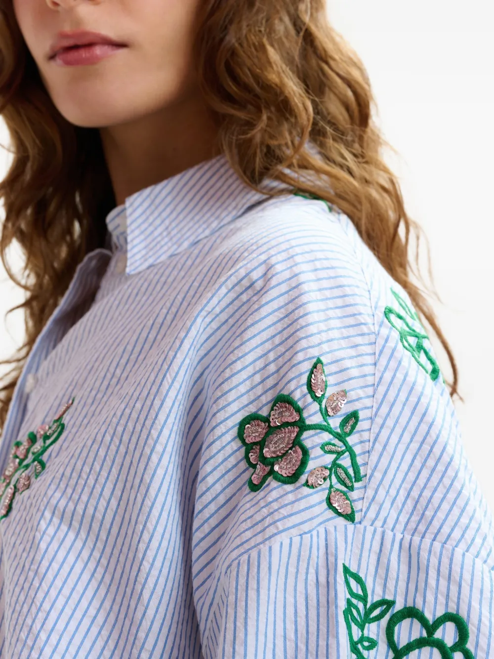 Pinstripe Floral-Embroidered Shirt