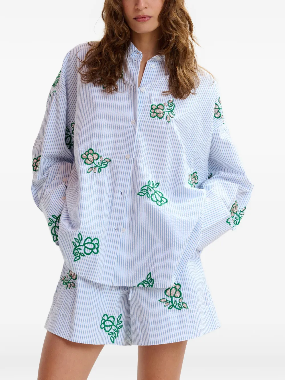 Pinstripe Floral-Embroidered Shirt