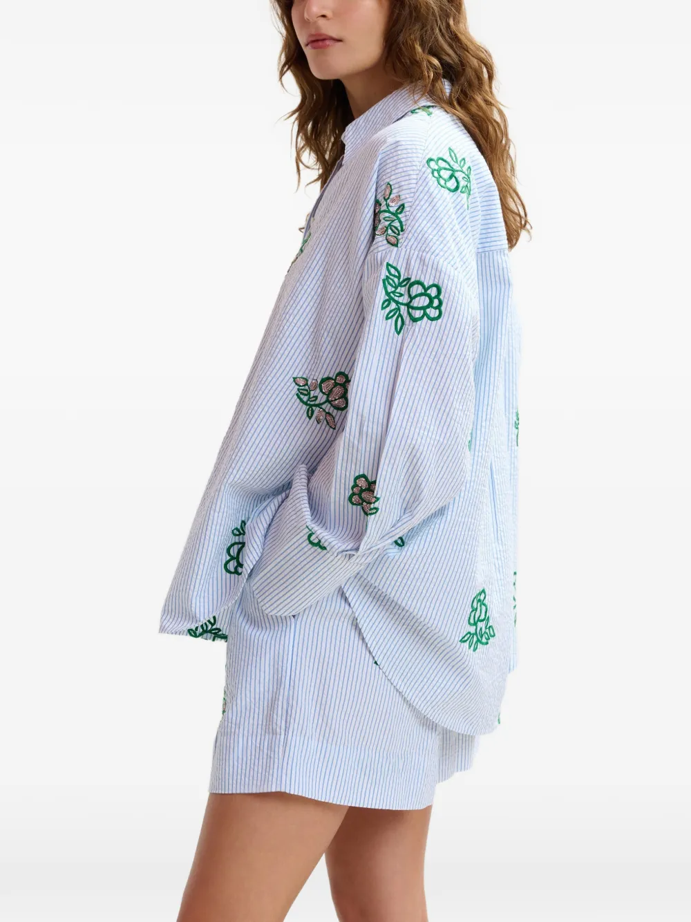 Pinstripe Floral-Embroidered Shirt