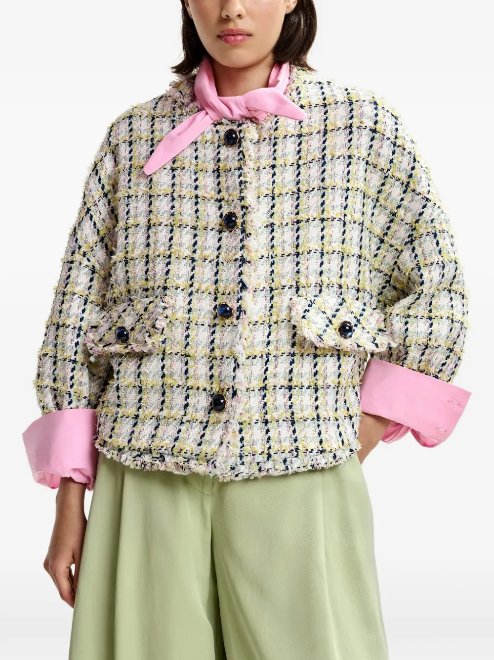 Frayed-Trim Button-Up Jacket