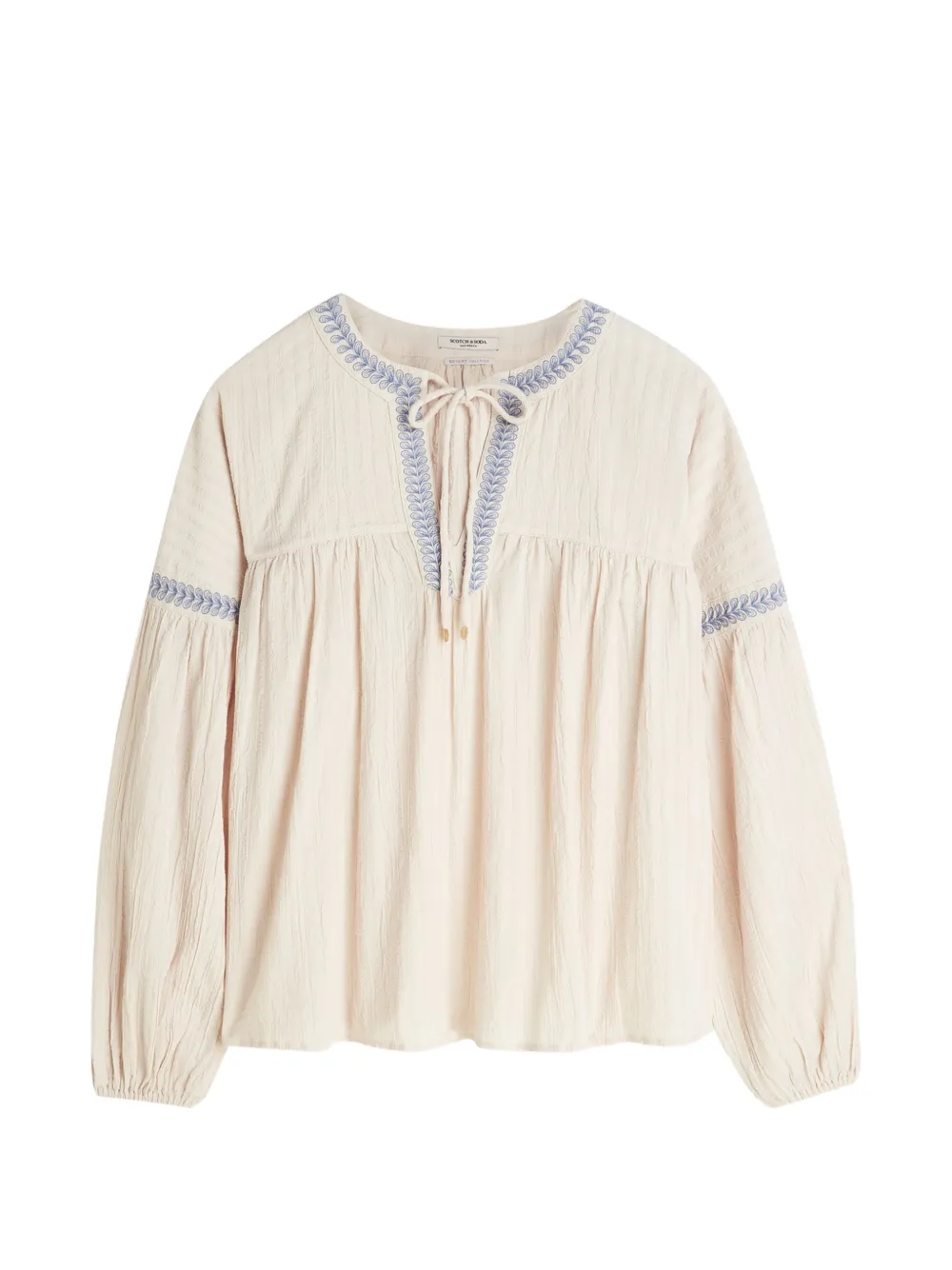 Scotch & Soda Embroidered-trim Gathered Blouse In Neutrals