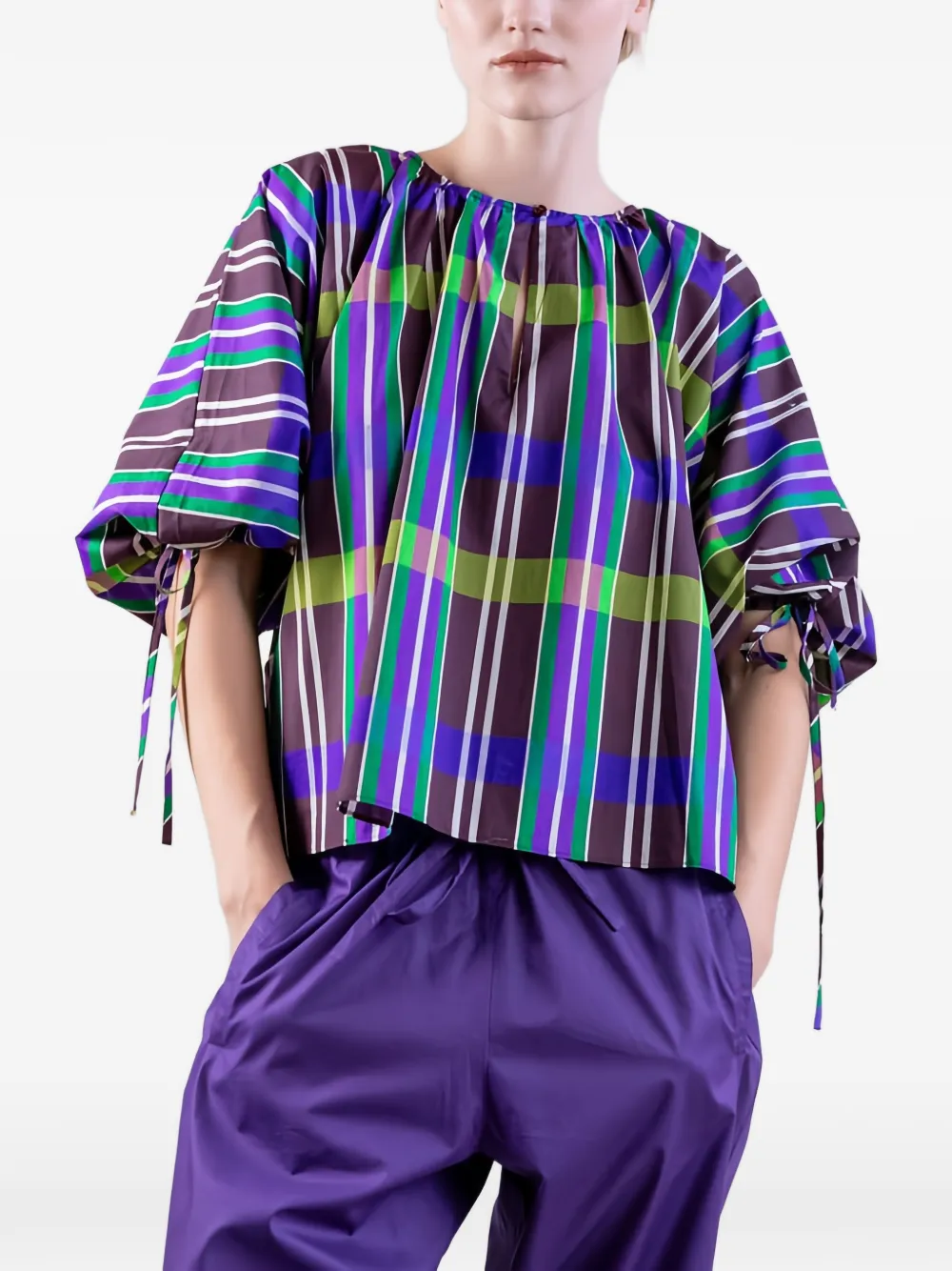 PSOPHIA ruched-neck puff-sleeves cotton blouse - Viola