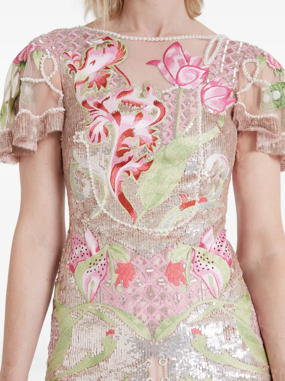 Temperley London Ostuni avondjurk met geborduurde bloemen en pailletten Beige