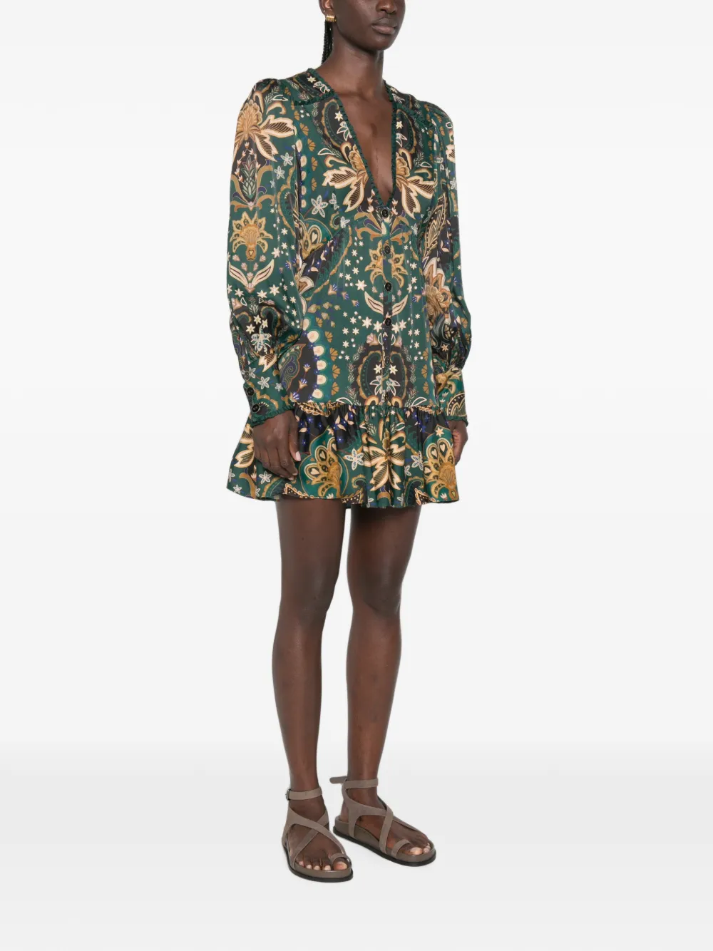 FARM Rio Jurk met bloemenprint en ruches Groen
