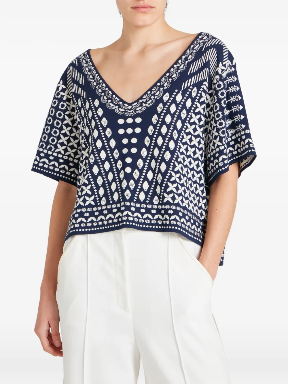  Temperley London Patterned V-neck Top - Blue 