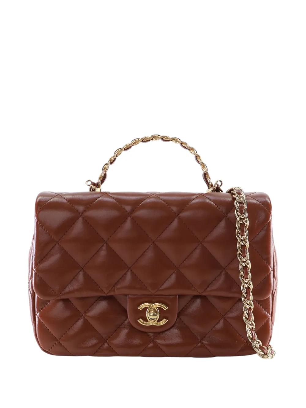 CHANEL Pre-Owned 2021-2025 Medium Quilted Shiny Lambskin Golden Links Top Handle Flap satchel - Marrone