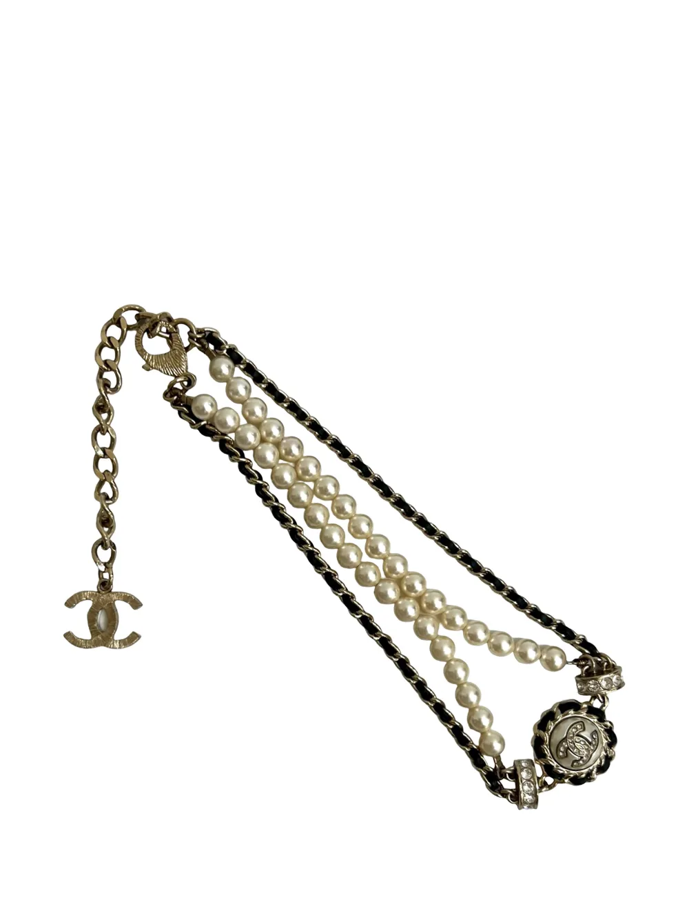 CHANEL Pre-Owned 2021 CC Gold Plated Faux Pearl and Rhinestone Medallion Chain Necklace costume necklace - Oro