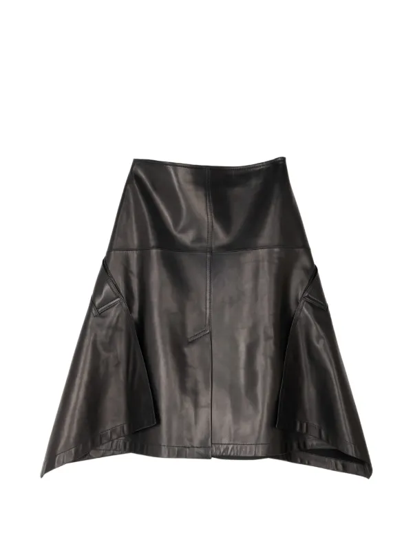 Brandon Maxwell Cascade-hem Leather Mid Skirt in Black